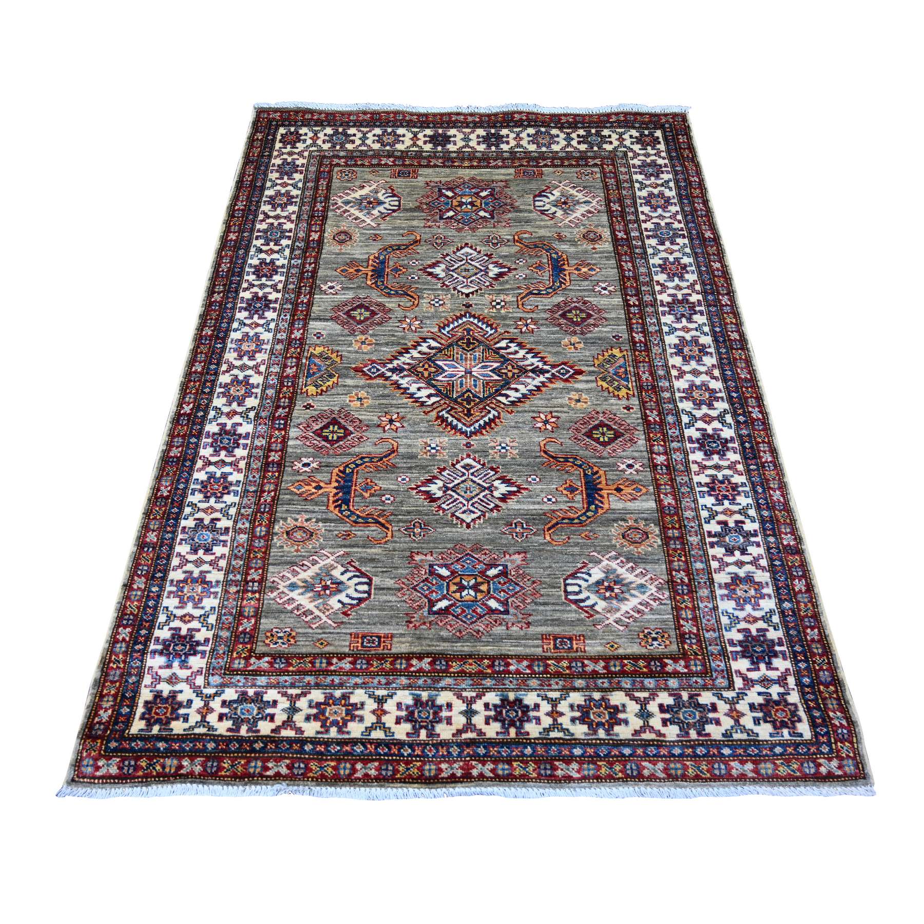 Stone Gray, Hand Knotted, Afghan Super Kazak with Geometric Medallions Design, Soft and Velvety Wool, Vegetable Dyes, Oriental Rug